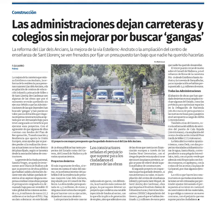 Diario de Mallorca: Las administraciones dejan carreteras y colegios sin mejorar por buscar gangas
