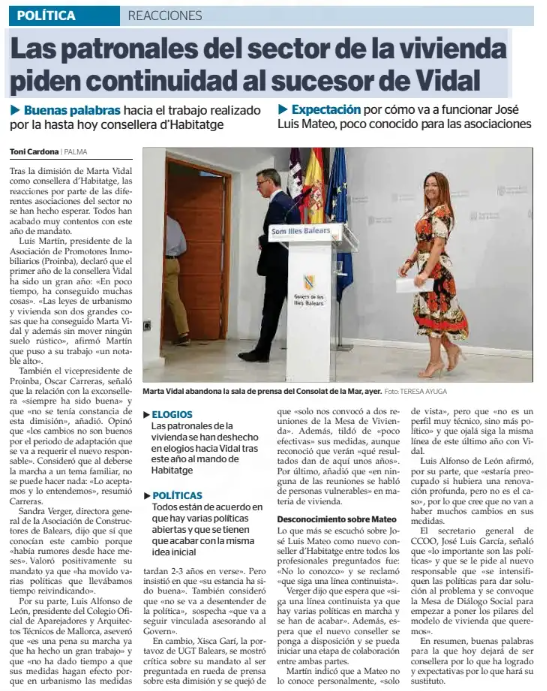Ultima hora: Las patronales del sector de la vivienda piden continuidad al sucesor de Vidal.