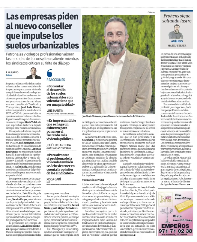 Diario de Mallorca: Las empresas piden al nuevo conseller que impulse los suelos urbanizables.