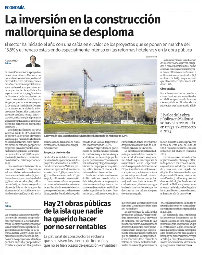 Diario de Mallorca: La inversión en la construcción mallorquina se desploma