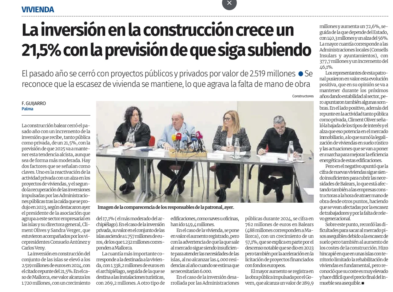 Diario de Mallorca: La inversión en construcción crece un 21,5% con la previsión de que siga subiendo