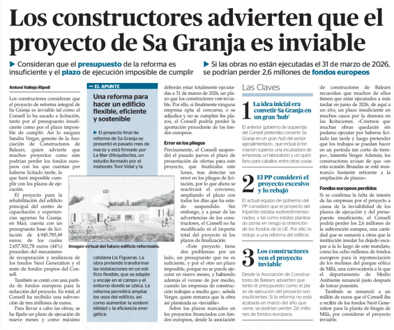 Menorca, Es Diari: Los constructores advierten que el proyecto de Sa Granja es inviable