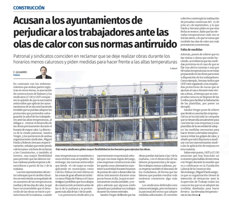 Diario de Mallorca: Acusan a los ayuntamientos de perjudicar a los trabajadores ante las olas de calor con sus normas antirruido