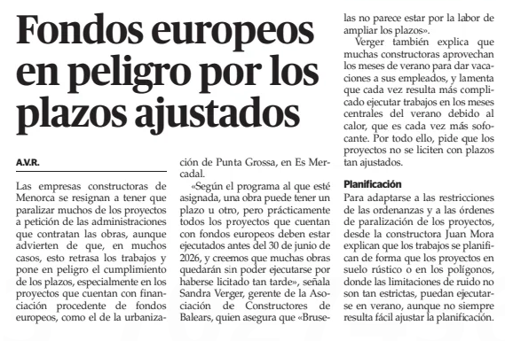 Menorca, Es Diari: Fondos europeos en peligro por los plazos ajustados