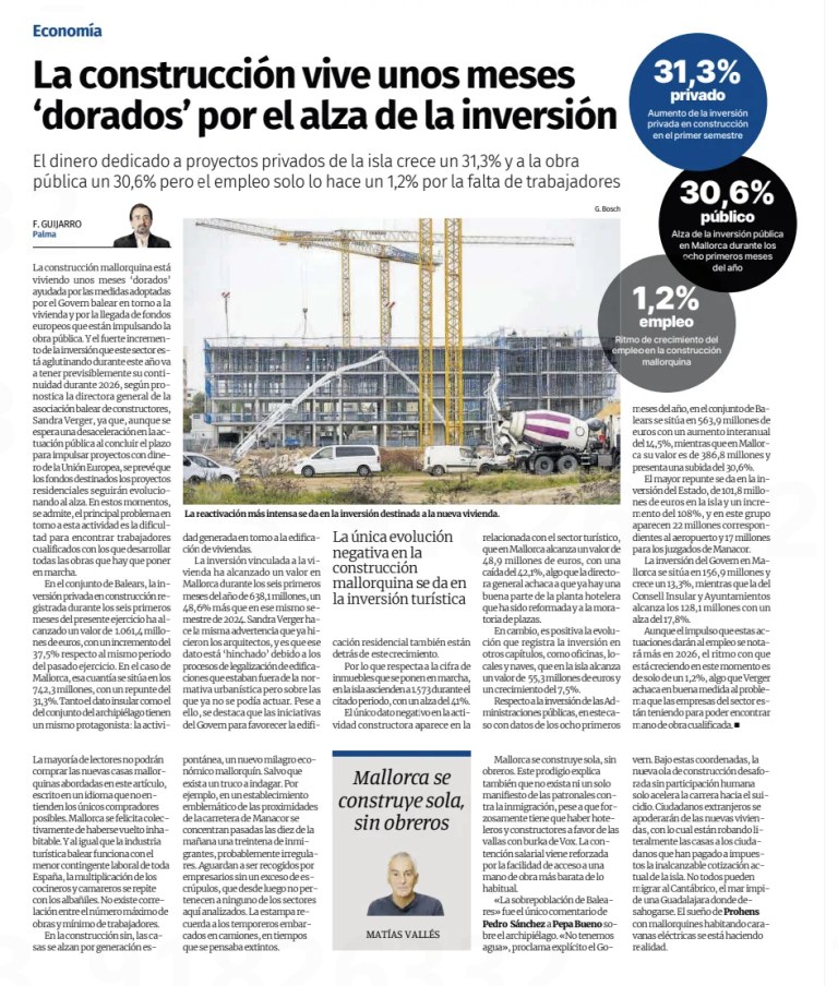 Diario de Mallorca: La Construcción vive unos meses dorados por el alza de la inversión