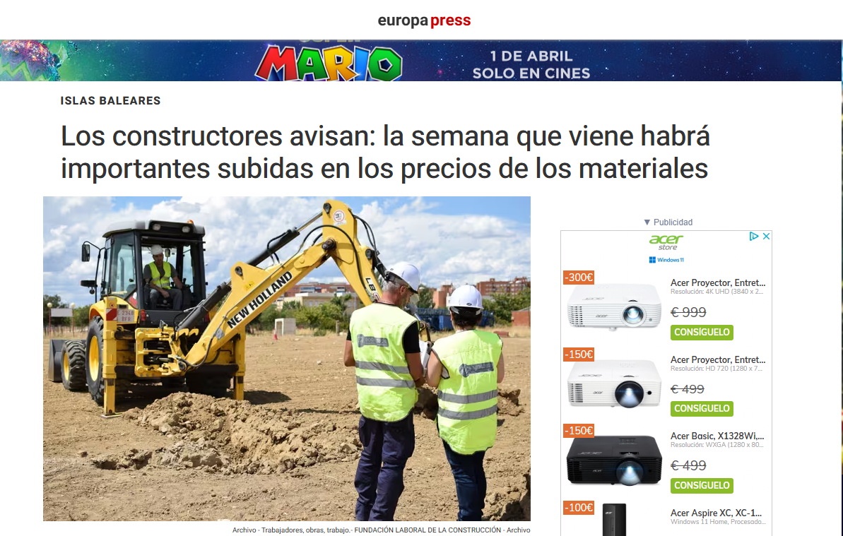 Europa Press: Los constructores avisan: la semana que viene habrá importantes subidas en los precios de los materiales