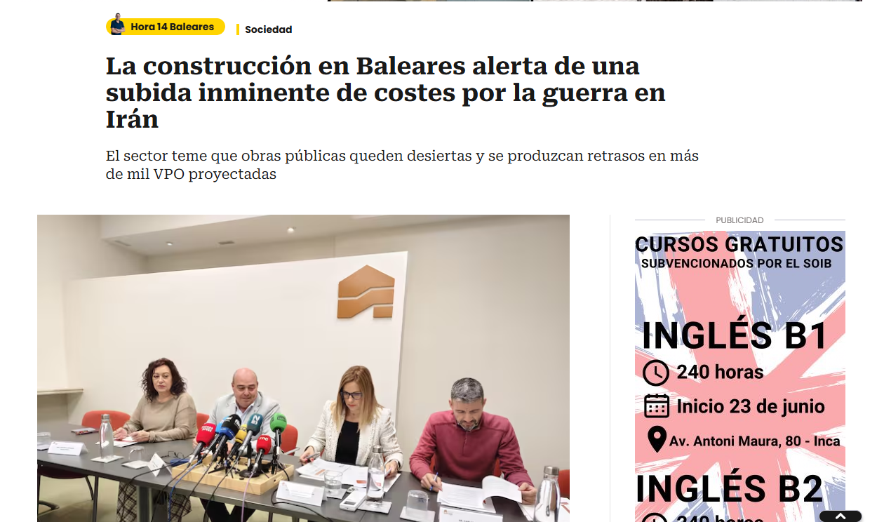 Cadena SER: La construcción en Baleares alerta de una subida inminente de costes por la guerra en Irán