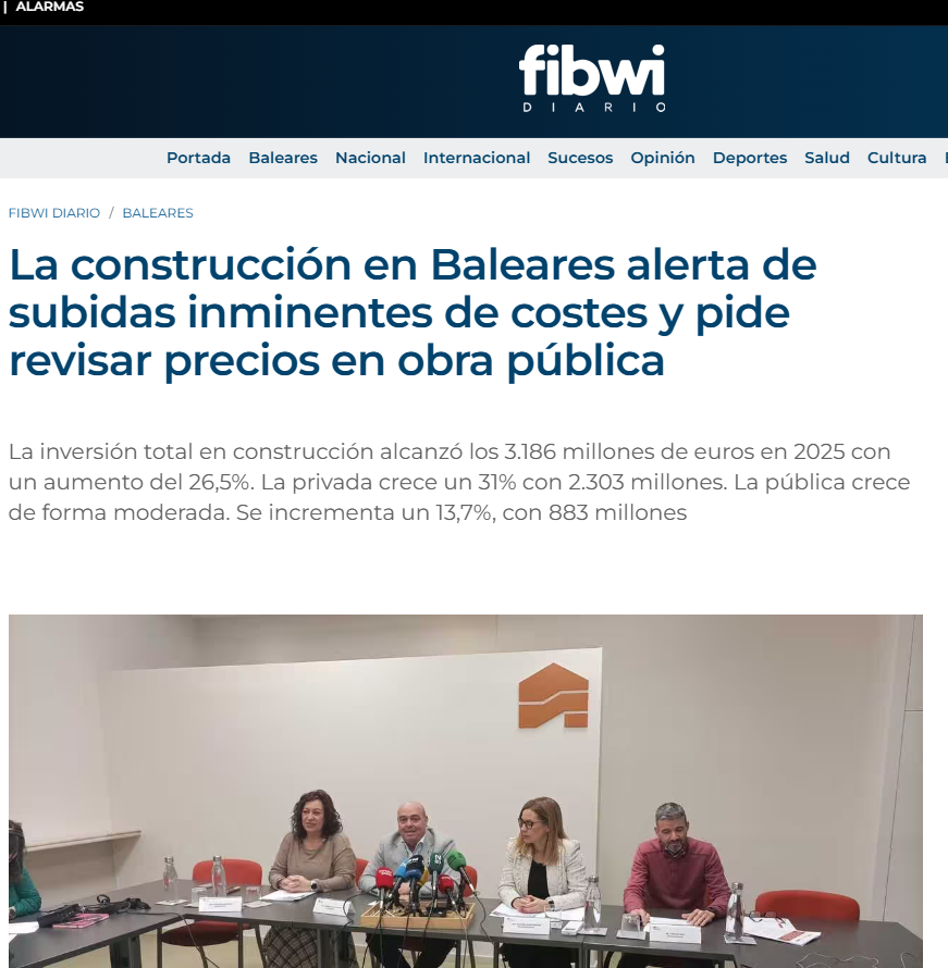 Fibwi Diario: La construcción en Baleares alerta de subidas inminentes de costes y pide revisar precios en obra pública